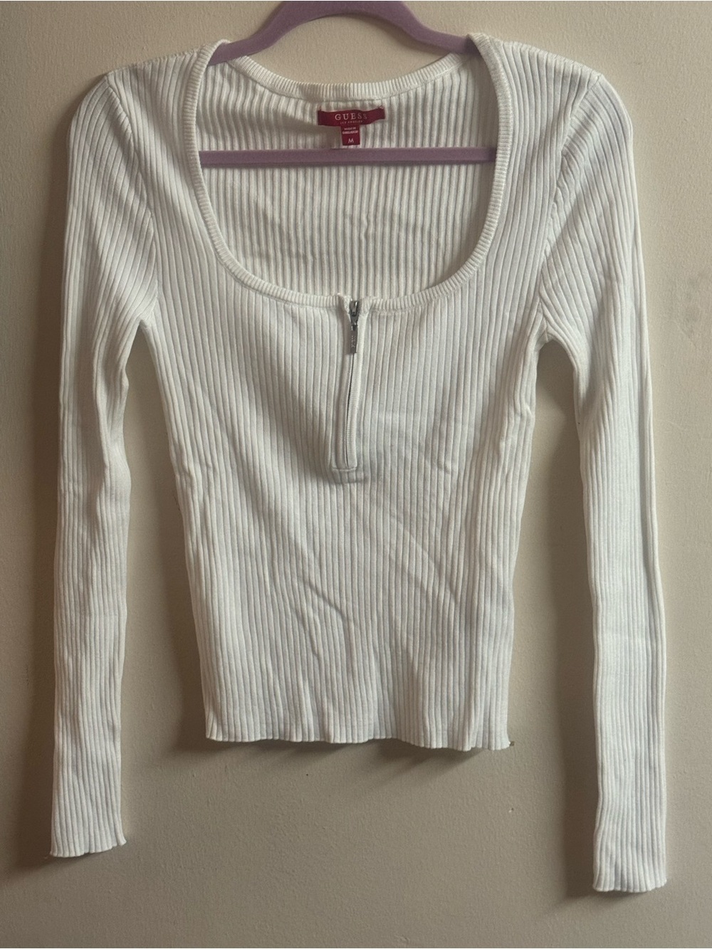 GUESS White Ribbed Zip-Front Long Sleeve Top